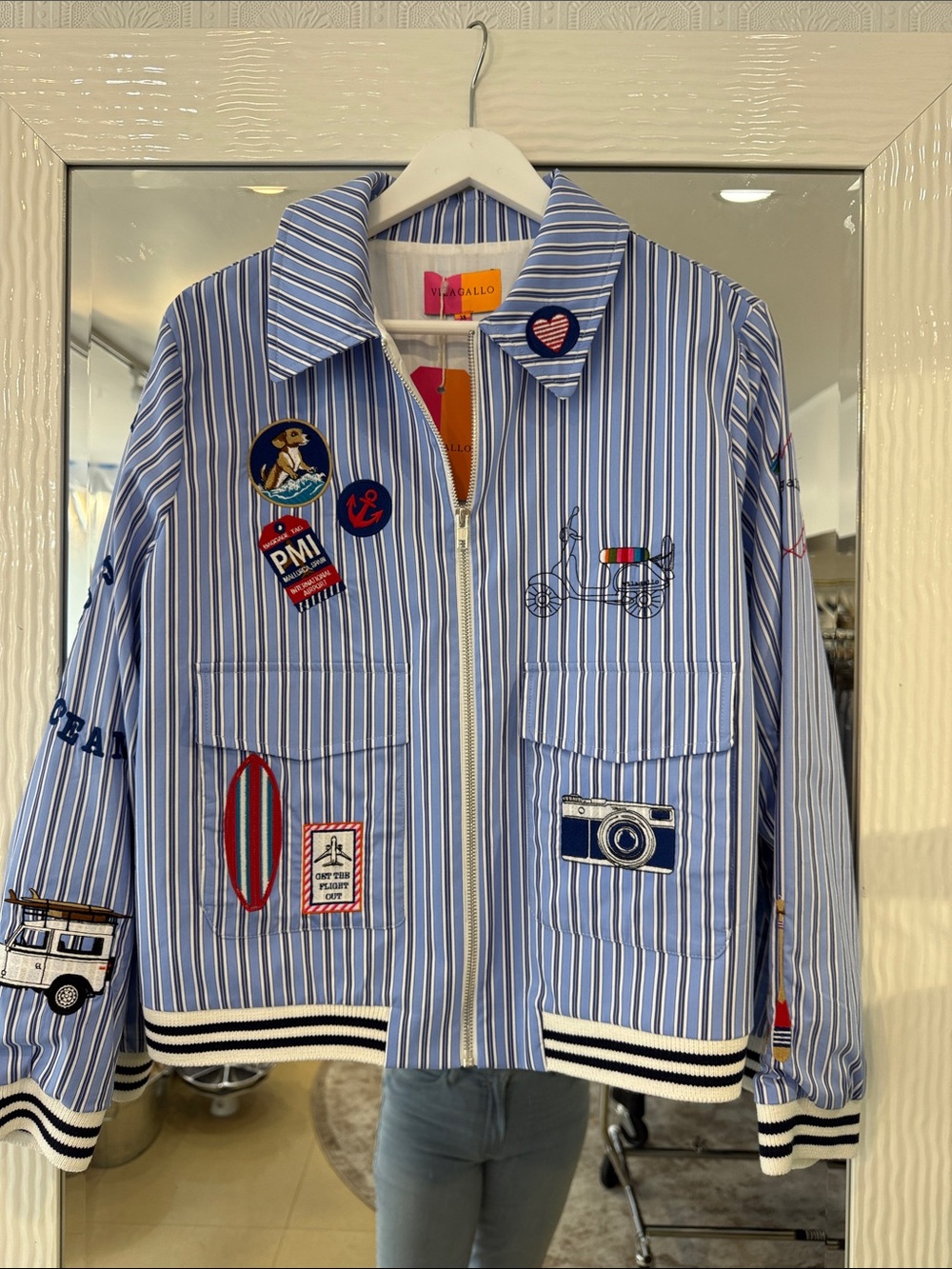 Vilagallo Striped Embroidered Patch Bomber Jacket - Blue & White